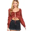 Truedames Long Sleeve Sweetheart Neck Front Ribbon Tie Detail Woven Top In Brown