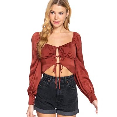 Truedames Long Sleeve Sweetheart Neck Front Ribbon Tie Detail Woven Top In Brown