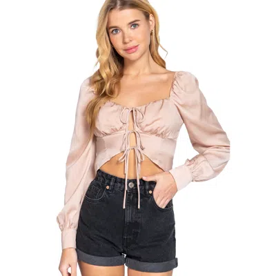 Truedames Long Sleeve Sweetheart Neck Front Ribbon Tie Detail Woven Top In Neutral