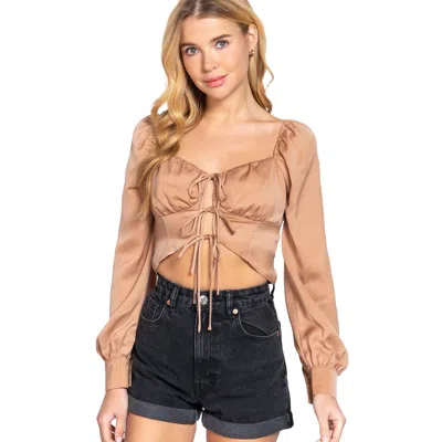 Truedames Long Sleeve Sweetheart Neck Front Ribbon Tie Detail Woven Top In Brown