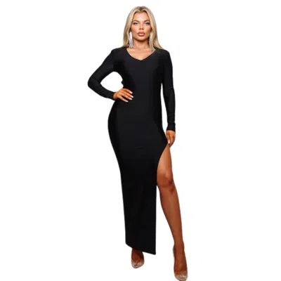 Truedames Long Sleeve V Neck Open Back Maxi Dress In Black