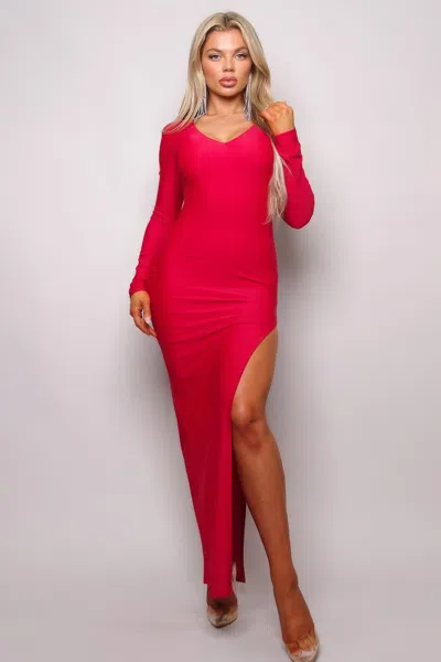 Truedames Long Sleeve V Neck Open Back Maxi Dress In Red