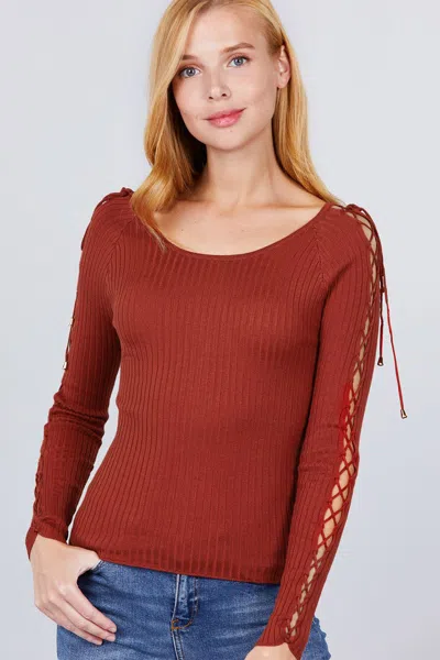 Truedames Long Sleeve W/strappy Detail Round Neck Rib Sweater Top In Multi