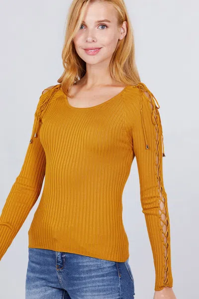Truedames Long Sleeve W/strappy Detail Round Neck Rib Sweater Top In Yellow