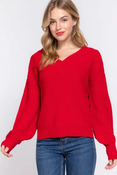 Truedames Long Slv Double V-neck Sweater In Red