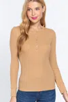 Truedames Long Slv V-neck Placket Thermal Top In Brown