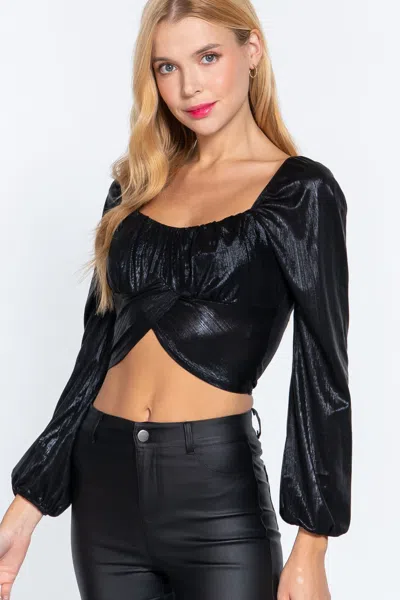Truedames Long Slv Ruched Metallic Knit Top In Black
