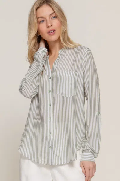 Truedames Long Slv Split Round Neck Stripe Woven Shirt In Green