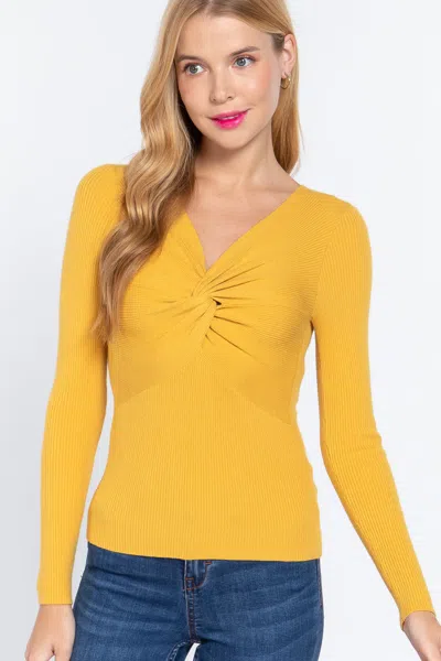 Truedames Long Slv V-neck Knotted Sweater In Yellow