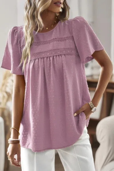 Truedames Loose Fit Dot Solid Lace Round Neck Top In Pattern