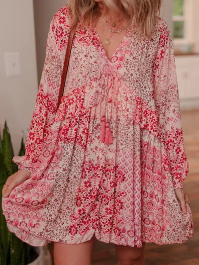 Truedames Loral Print Tassel Tie Long Sleeve Flowy Mini Dress In Red