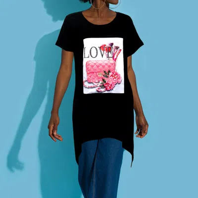 Truedames Love Flower Bag Printed Crystal Embellished Half Sleeve Top In Black