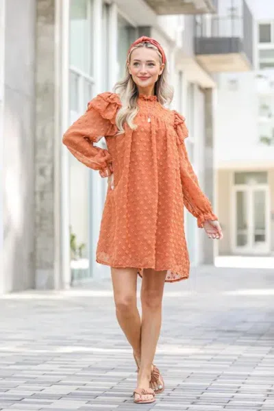 Truedames Lovely Ruffle Shoulder With Textured Woven Dress In Orange