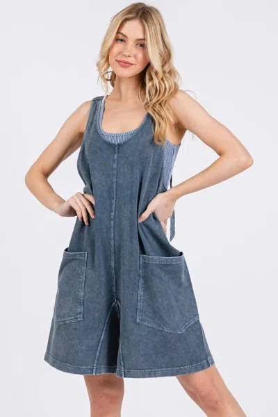 Truedames Low Scoop Neck Tank Washed French Terry Romper In Blue