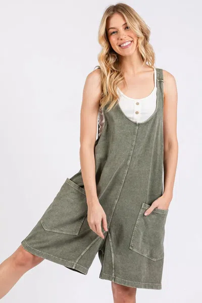 Truedames Low Scoop Neck Tank Washed French Terry Romper In Green