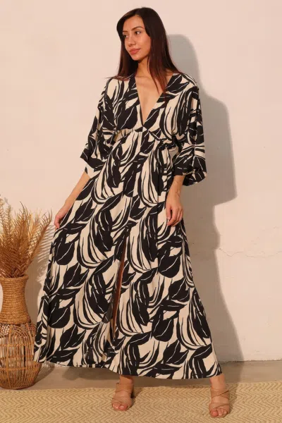 Truedames Lucca Leaf Kimono Maxi Dress In Black