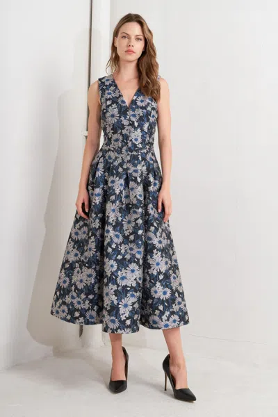 Truedames Lux Blooming Woven Jacquard Midi Dress In Blue