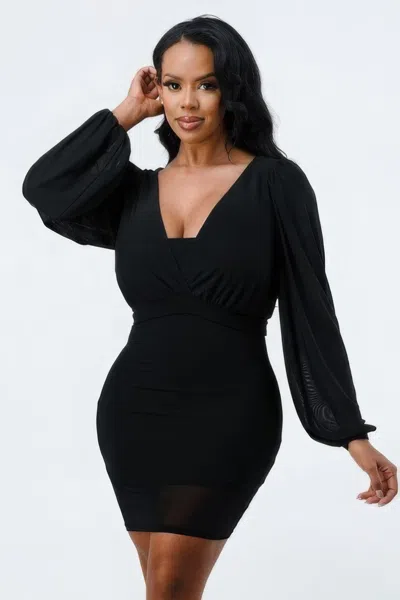Truedames Lux Mesh Layered Lining V Neck Bubble Slv Bodycon Dress In Black