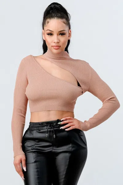 Truedames Lux Sweater Rib Cutout Mock Neck Crop Top In Brown