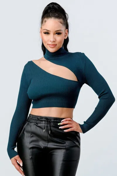 Truedames Lux Sweater Rib Cutout Mock Neck Crop Top In Green