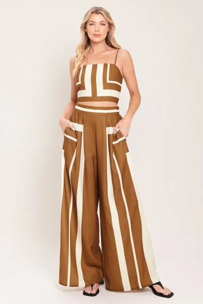 Truedames Luxe Coast Woven Top And Pant Set In Brown