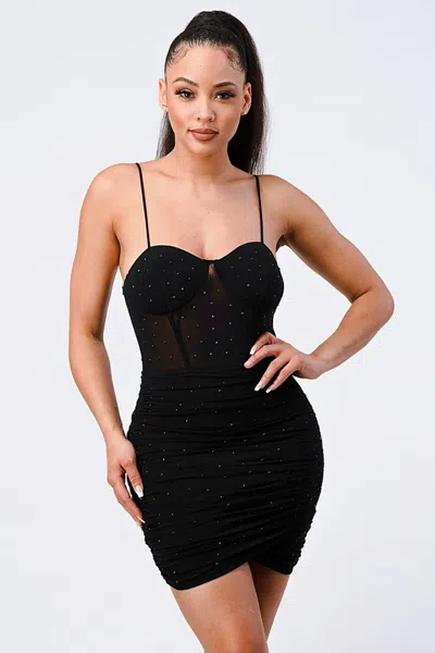 Truedames Luxe Glitter Front Mesh Ribbed Cami Mini Dress In Black