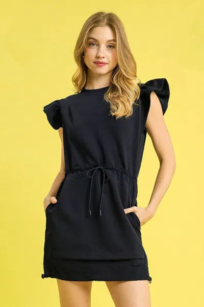 Truedames Luxe Knit Ruffle Sleeve Drawstring Mini Dress In Black
