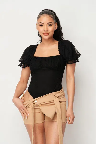 Truedames Luxe Polkadot Stretch Mesh Puff Sleeve Bodysuit In Black