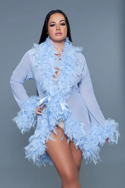 Truedames Luxe Short Chiffon Robe With Feather Boa Trim In Blue
