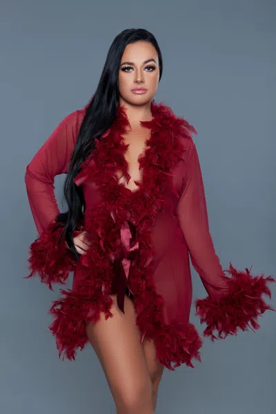 Truedames Luxe Short Chiffon Robe With Feather Boa Trim In Burgundy