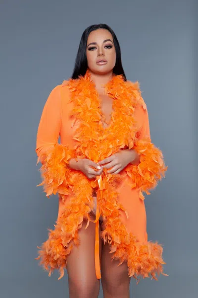 Truedames Luxe Short Chiffon Robe With Feather Boa Trim In Orange