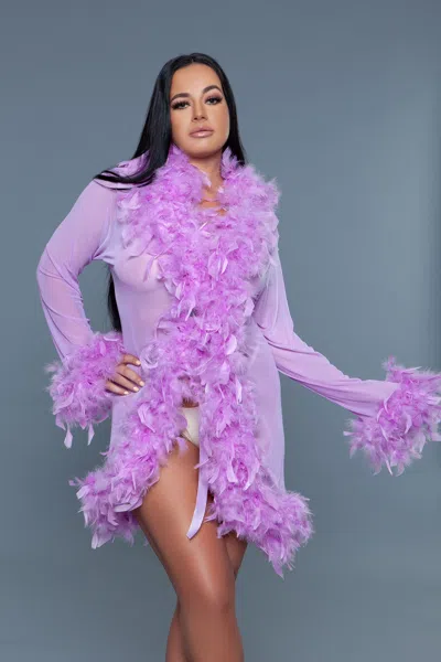 Truedames Luxe Short Chiffon Robe With Feather Boa Trim In Purple