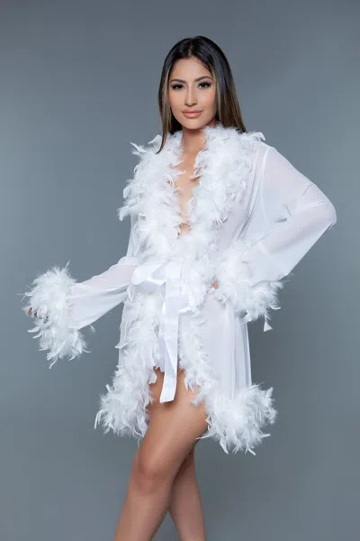 Truedames Luxe Short Chiffon Robe With Feather Boa Trim In White