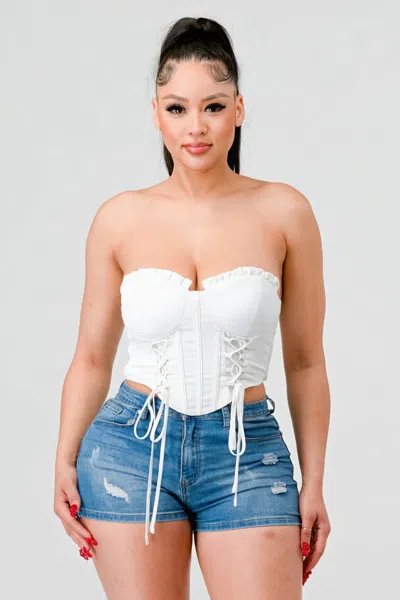 Truedames Luxe Sweetheart Ruffled Drawstring Lace Bustier Top In White