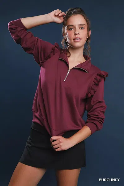 Truedames Luxeknit Ruffle Shoulder Quarter-zip Sweatshirt In Brown
