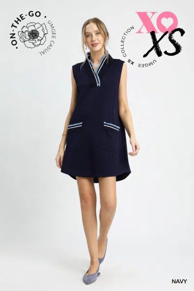 Truedames Luxeknit Sleeveless Ruffle Trim Pocket Dress In Blue