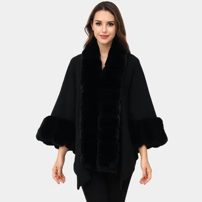 Truedames Luxury Faux Fur Trim Cape Shawl In Black