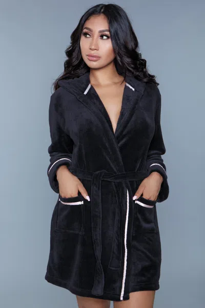 Truedames Luxury Plush Hooded Robe With Satin Piping In Black