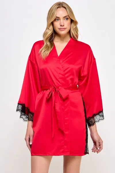 Truedames Luxury Satin Wrap Robe With Lace Accents In Red