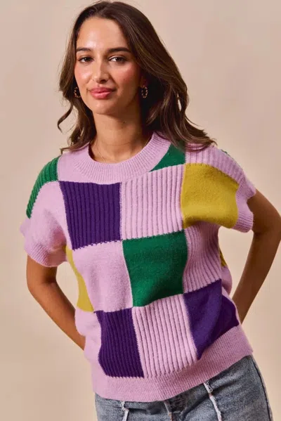 Truedames Mardi Gras Check Plaid Casual Sweater Top In Multi