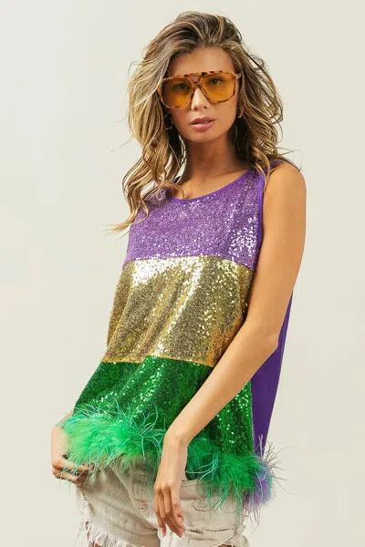 Truedames Mardi Gras Color Block Faux Feather Hem Sequin Top In Multi