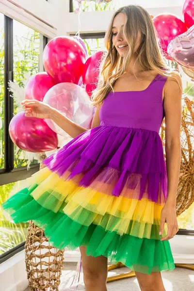 Truedames Mardi Gras Color Block Layered Mesh Tiered Dress In Purple