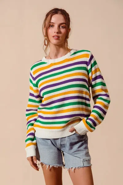 Truedames Mardi Gras Color Stripe Knit Sweater Top In White