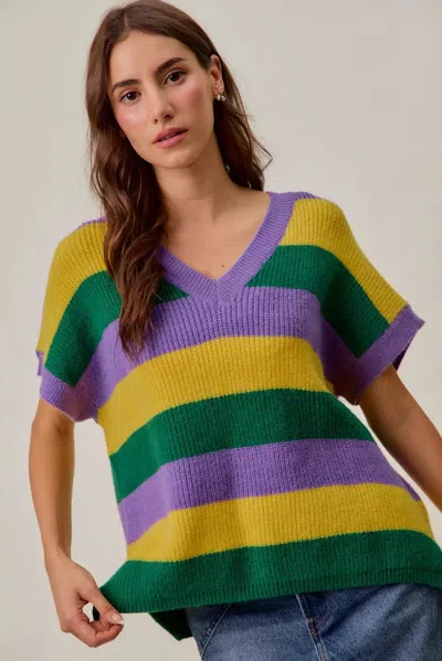 Truedames Mardi Gras Loose Fit V Neck Stripe Sweater Top In Multi