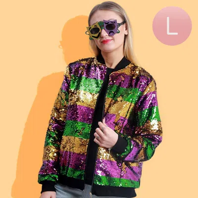 Truedames Mardi Gras Sequin Striped Zipper Jacket In Purple