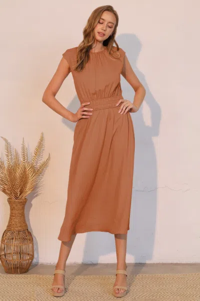 Truedames Matte Crepe Ruched Elastic Midi Dress In Brown