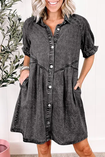 Truedames Medium Grey Mineral Wash Ruffled Short Sleeve Buttoned Denim Dress In Gray