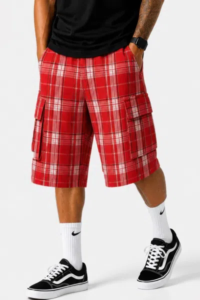 Truedames Mens Checkered Baggy Cargo Shorts In Red