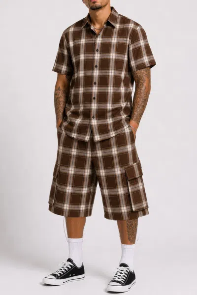 Truedames Mens Checkered Shirt And Cargo Shorts Set In Brown