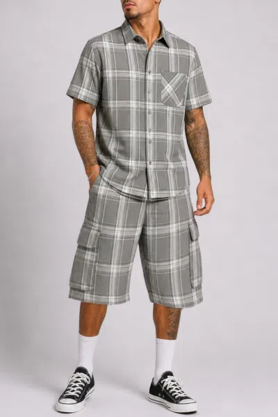 Truedames Mens Checkered Shirt And Cargo Shorts Set In Grey